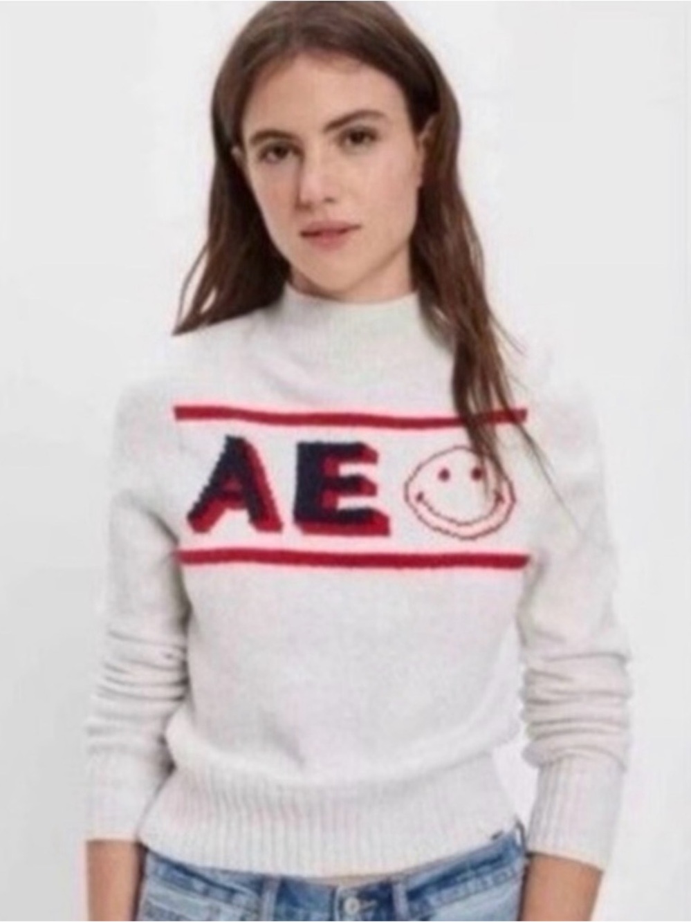 American Eagle AE Gray Navy Red Smiley Face Emoji Mock Neck Sweater NWT M #903